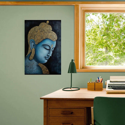 Home office with a calming blue and gold Buddha painting on a green wall, next to a wooden desk with a vintage typewriter and green chair.