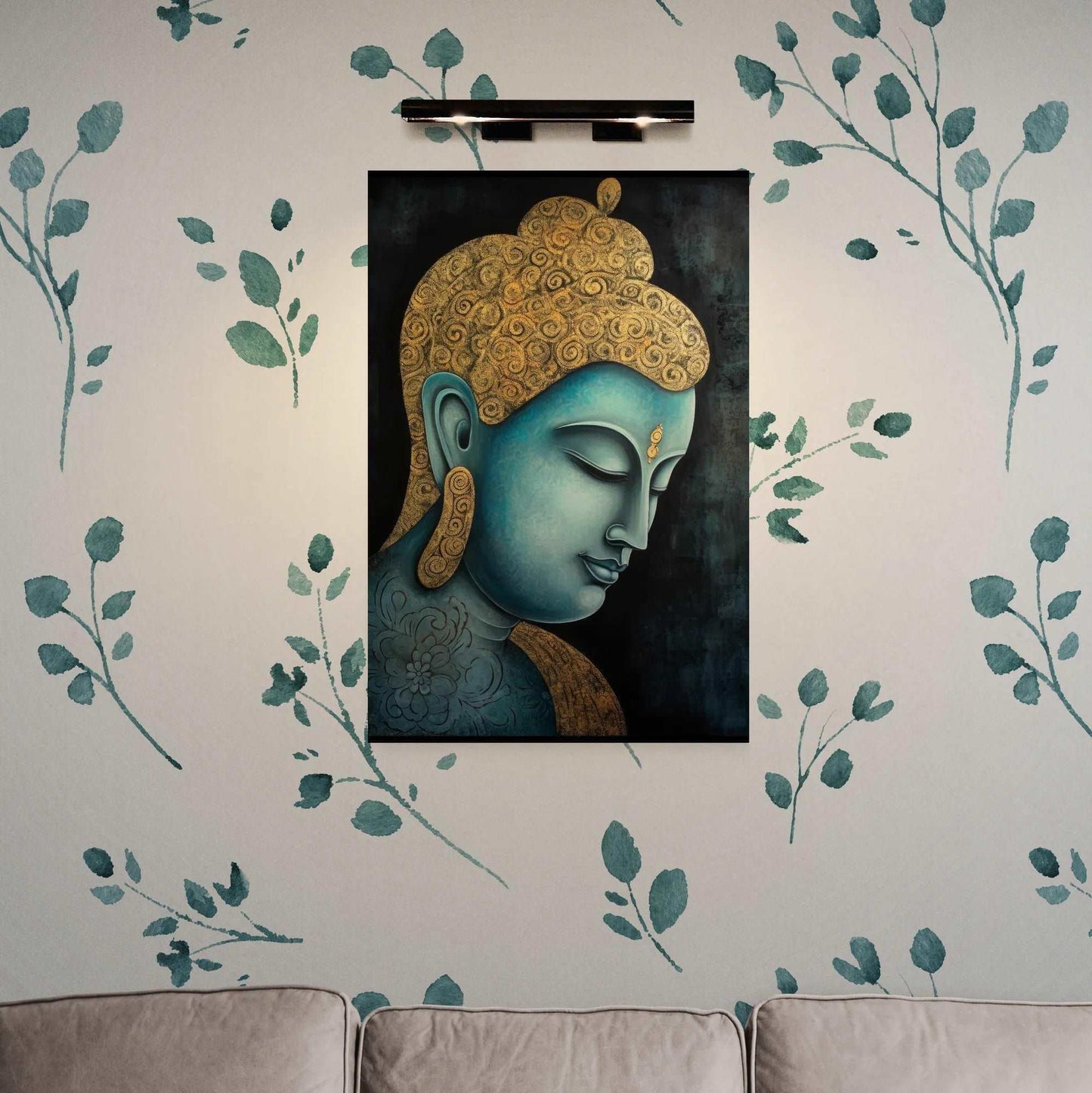 Elegant living room wall with leaf patterns, adorned with a blue and gold Buddha painting, creating a serene focal point above a gray sofa.