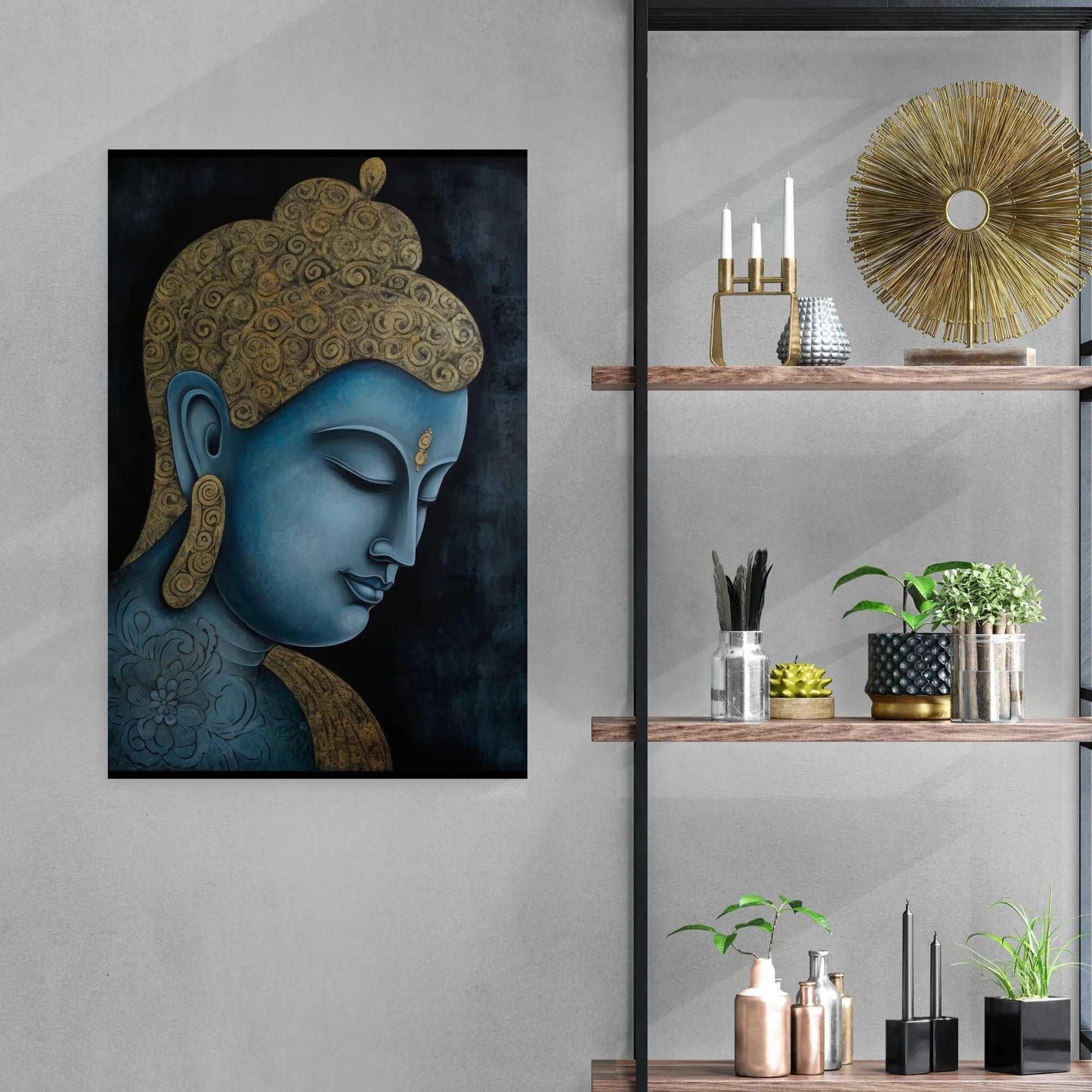 Contemporary room decor featuring a blue and gold Buddha painting on a dark background, near floating shelves with various decorative objects.