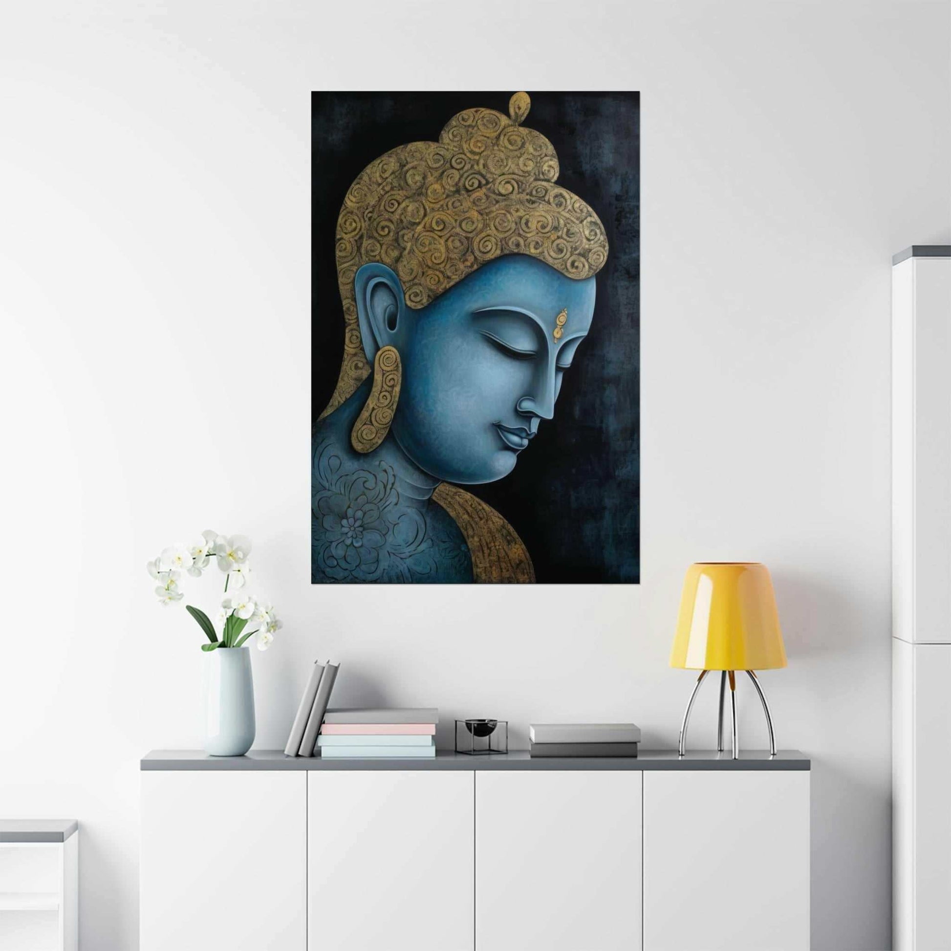 Zen Art Posters Louisiana from ZenArtBliss.com depicting an abstract blue and gold Buddha, embodying the state's serene essence on matte paper.