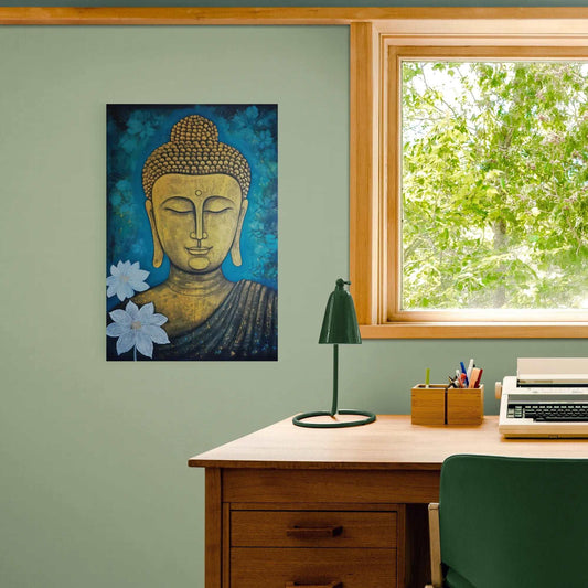 Golden Buddha painting with teal floral accents on a sage green wall, beside a wooden desk with a typewriter and a green lamp