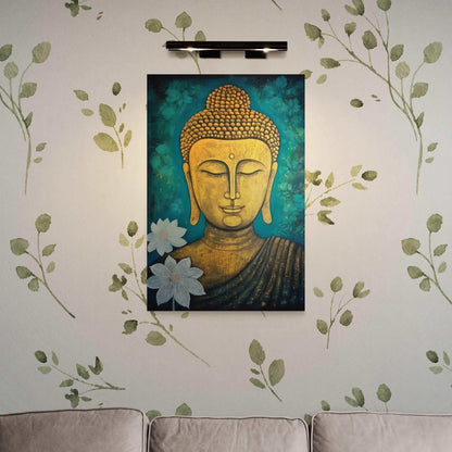 Golden Buddha painting with teal floral backdrop, complementing a living room with leaf-patterned wallpaper and a beige sofa.