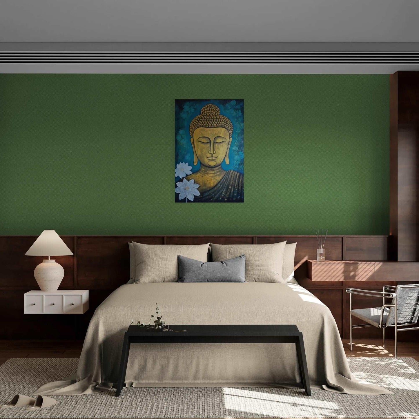 A serene Buddha painting with golden hues and teal flowers, enhancing a green bedroom wall with a bed and wooden furnishings.