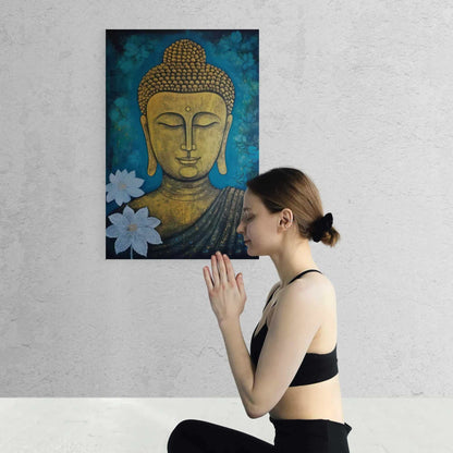 A woman in meditation pose before a golden Buddha painting with teal flower motifs, promoting tranquility and focus.