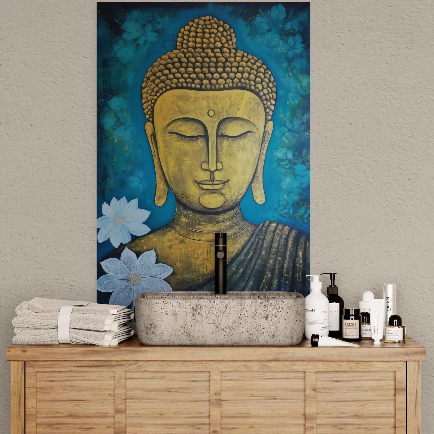 Golden Buddha artwork with blue floral designs, positioned above a bathroom sink with towels and beauty products.