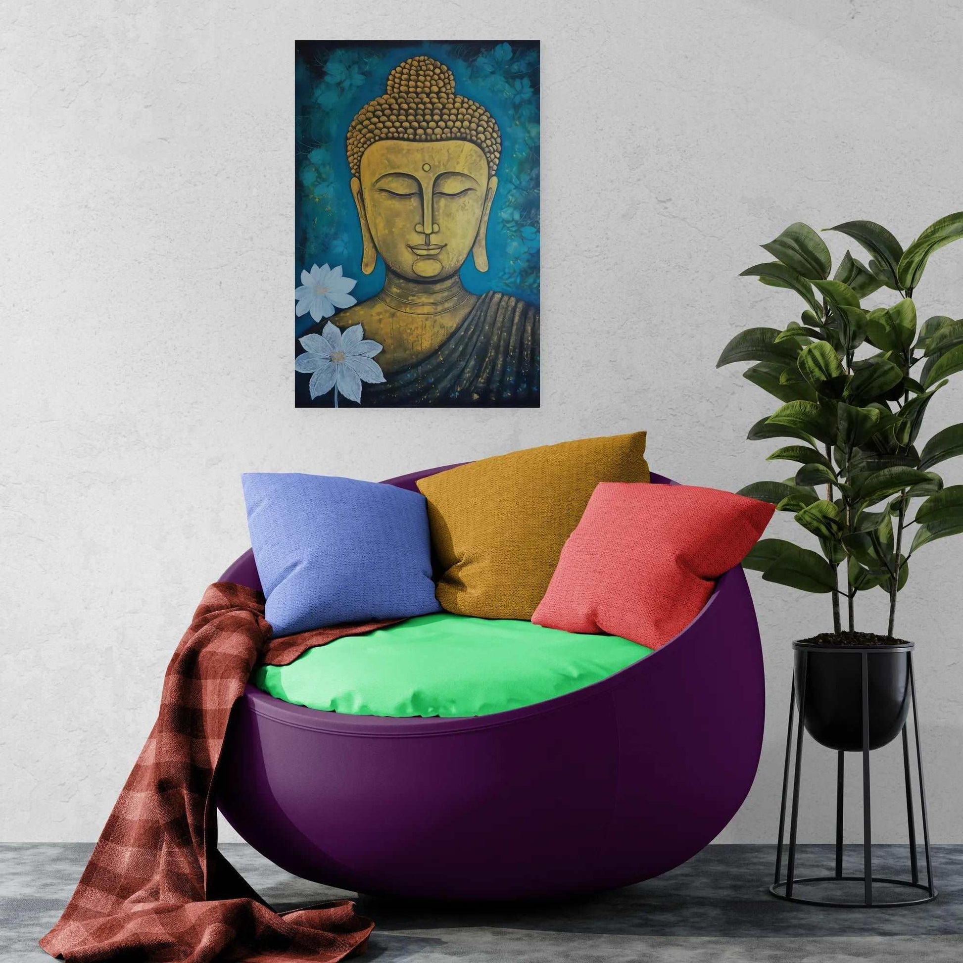 Vibrant golden Buddha canvas with teal flowers, displayed above a colorful modern chair with cushions and a potted plant