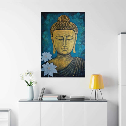 A Zen Art Print Teal from ZenArtBliss.com, depicting a golden Buddha against a calming teal backdrop, symbolizing peace and mindfulness."