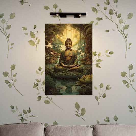 A serene Buddha in a teal forest setting, seated on a lotus, hangs above a couch, complementing a living room adorned with leaf-patterned wallpaper.