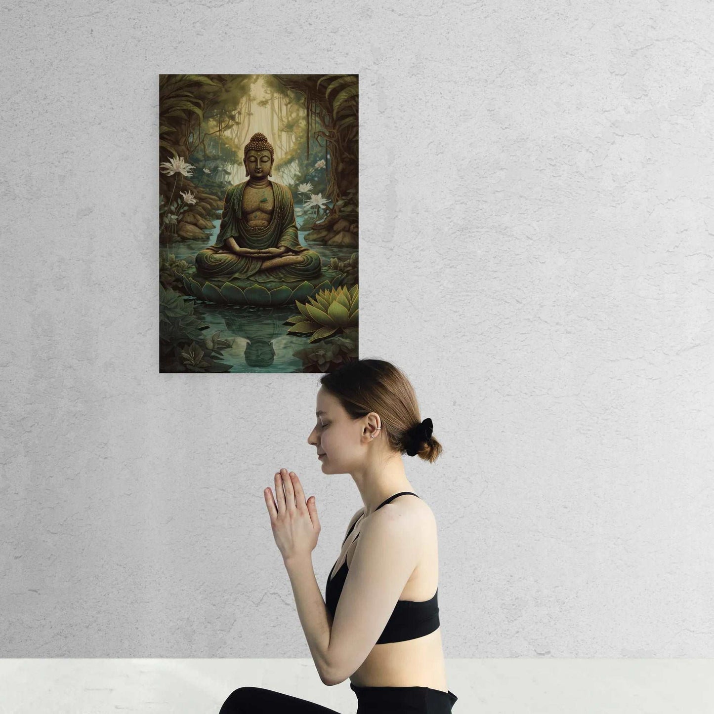 A woman in a contemplative yoga pose in front of a teal Buddha art print depicting a serene Buddha seated on a lotus in a mystical forest setting.