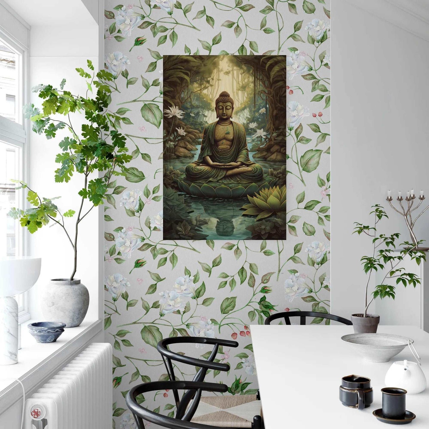 Zen Art Print Teal of Buddha in meditation, surrounded by a forest and lotus flowers, available at ZenArtBliss.com.