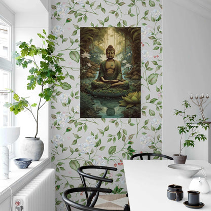 Zen Art Print Teal of Buddha in meditation, surrounded by a forest and lotus flowers, available at ZenArtBliss.com.