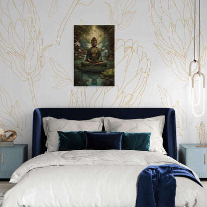 Teal Buddha art print centered in a forest and lotus pond, radiating tranquility in a bedroom with leaf-patterned wallpaper and a view of a wintry landscape.