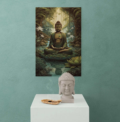Teal Buddha art print provides a backdrop for a meditation space, accompanied by a Buddha head sculpture and incense, against a calming mint wall.