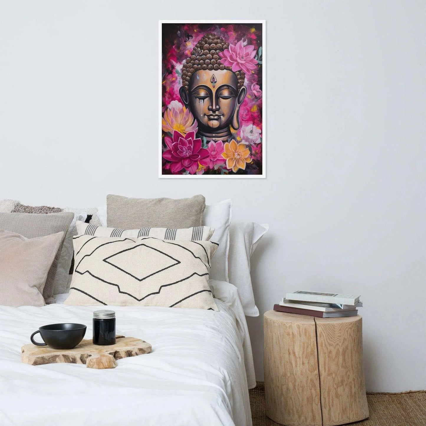 Zen Bedroom Framed Print: Buddha & Pink Flowers – ZenArtBliss -ZenArtBliss