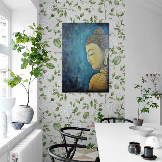 Buddha painting adds a peaceful accent to a vibrant dining area with a floral wallpaper and fresh greenery.