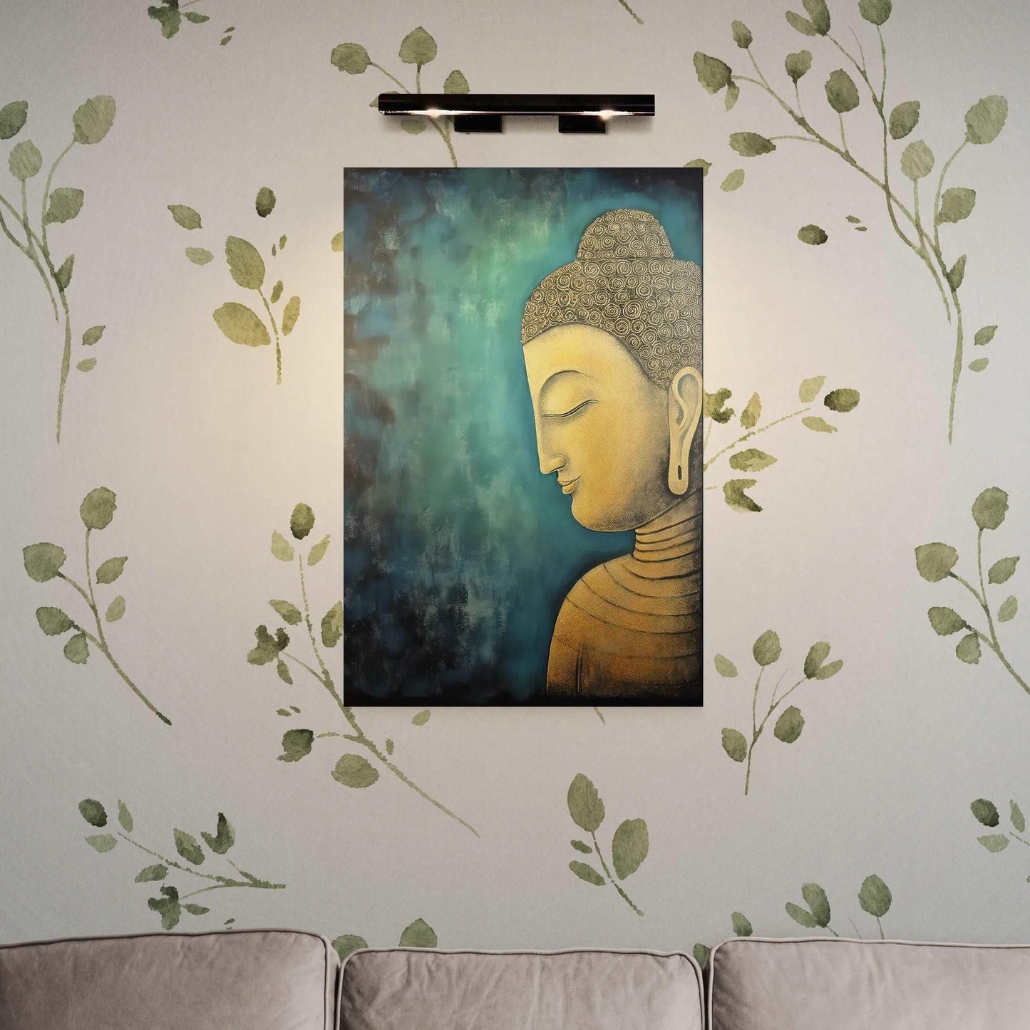Tranquil Buddha painting surrounded by painted green leaves, creating a serene environment in a modern living space.