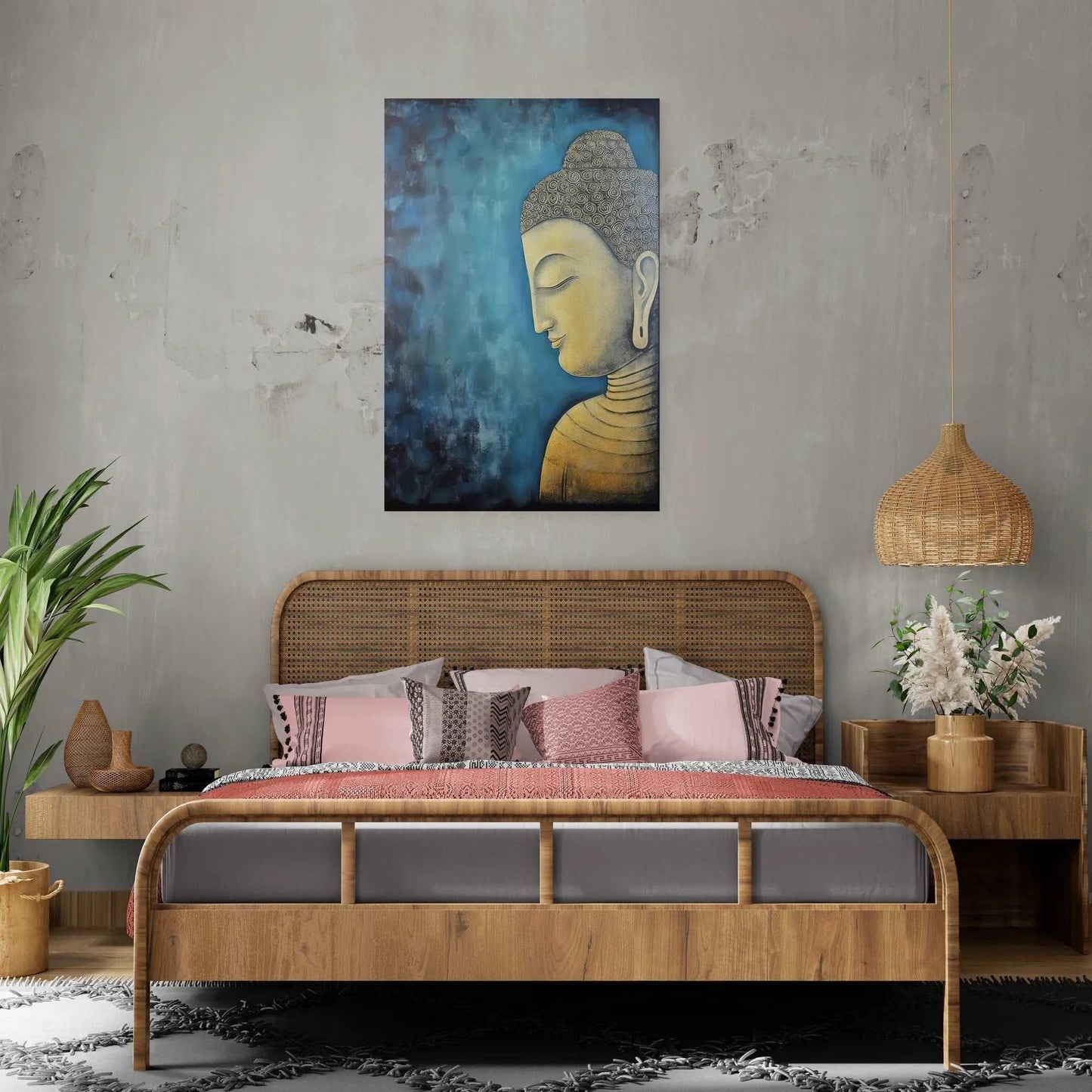 Bedroom with a wicker headboard and pink bedding, complemented by a serene Buddha painting on a distressed wall.