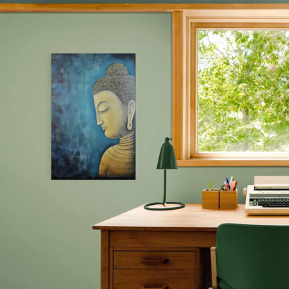 Home office corner with a green chair and wooden desk, enhanced by a calming Buddha painting on a mint green wall.