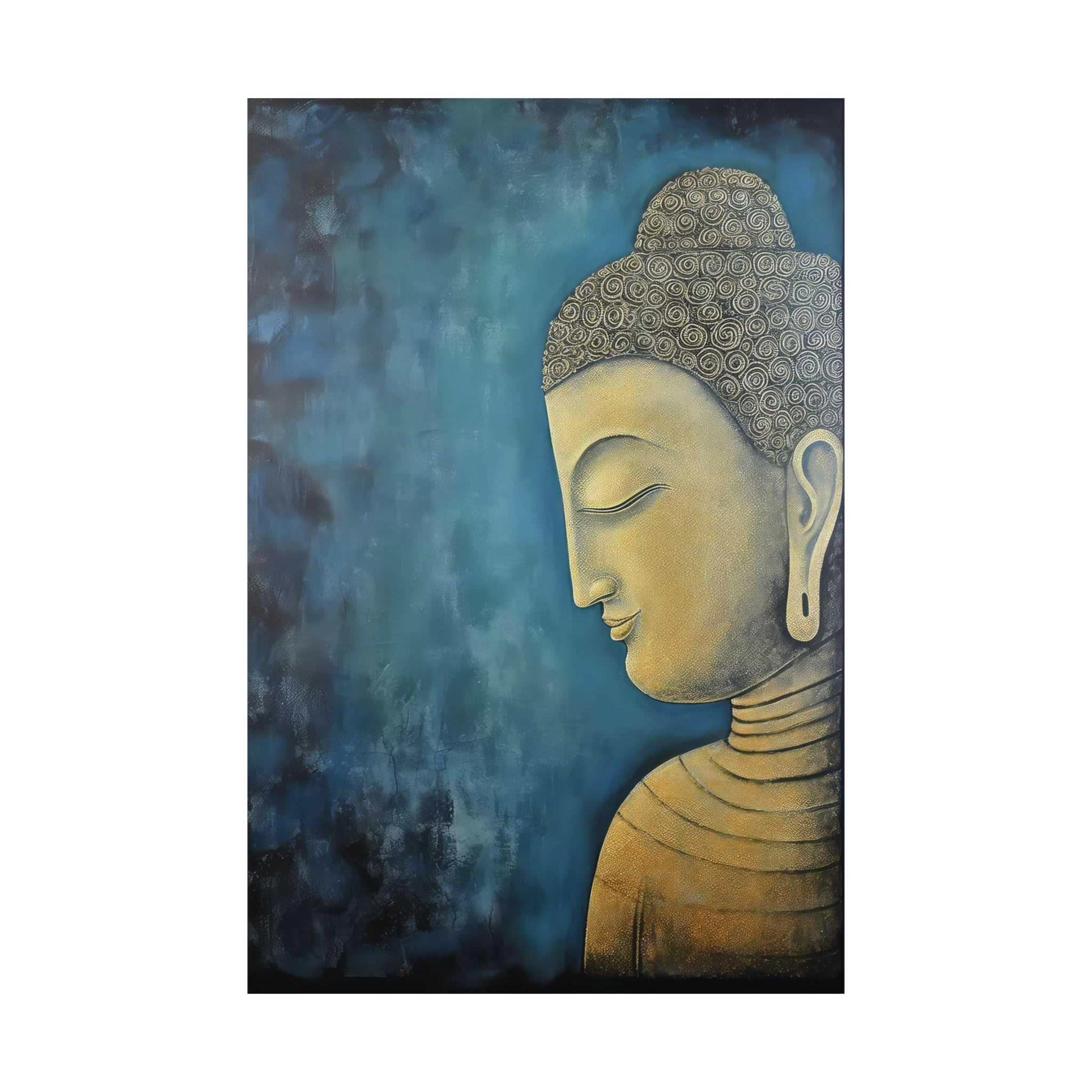 ZenArtBliss.com's Zen Buddha Art New York, a golden Buddha Head against a moody blue background, evokes New York's serene yet vibrant ambiance.