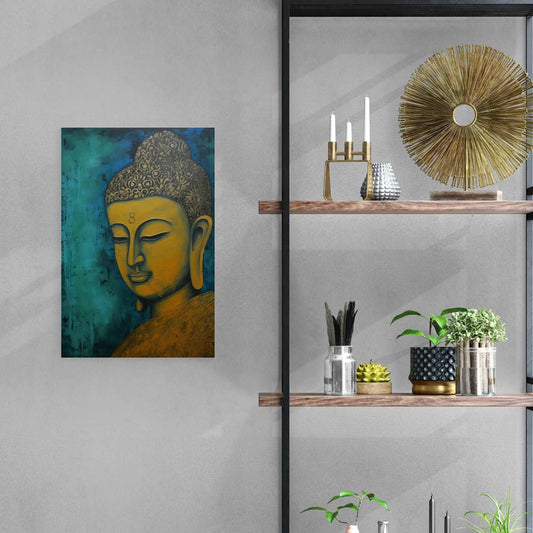 Golden Buddha painting on a blue textured background, next to floating wooden shelves with decorative items.