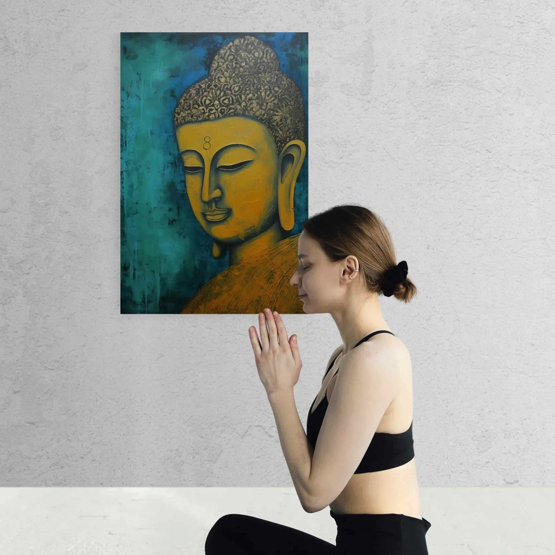 A woman in a meditative pose in front of a golden Buddha artwork with a calming blue and gold color scheme.