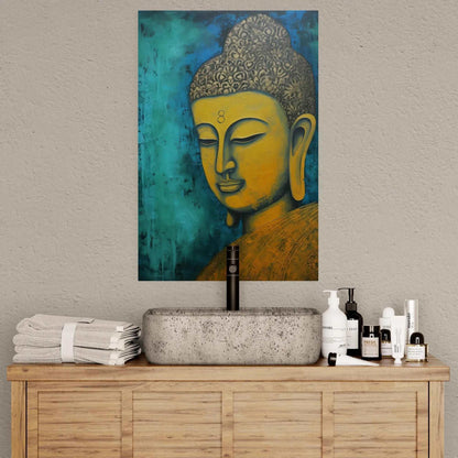 Golden Buddha art piece on a turquoise background, placed above a bathroom sink with toiletries on a wooden vanity.