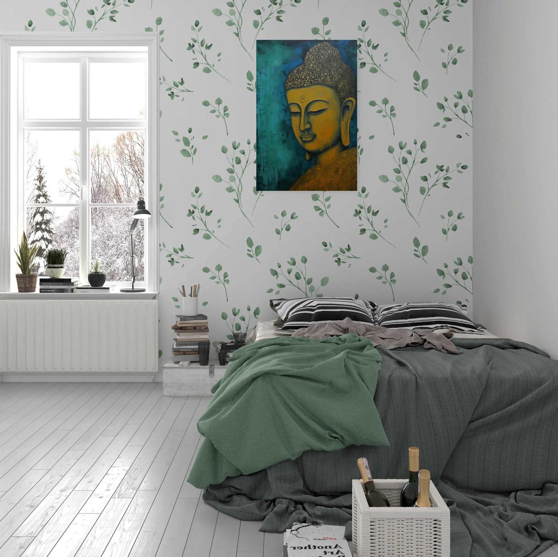 Tranquil golden Buddha painting on a wall adorned with leafy branches, in a bedroom with winter scenery outside the window.