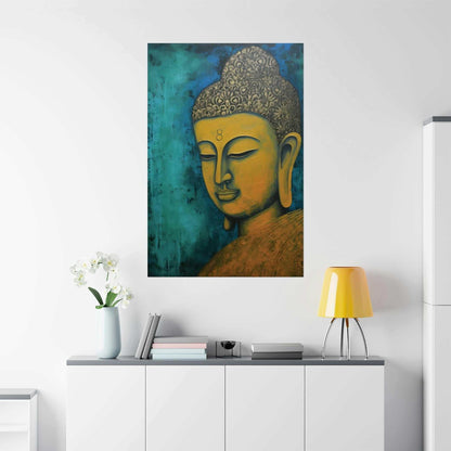 A Zen Painting Golden with intricate details against a teal abstract background, available at ZenArtBliss.com.