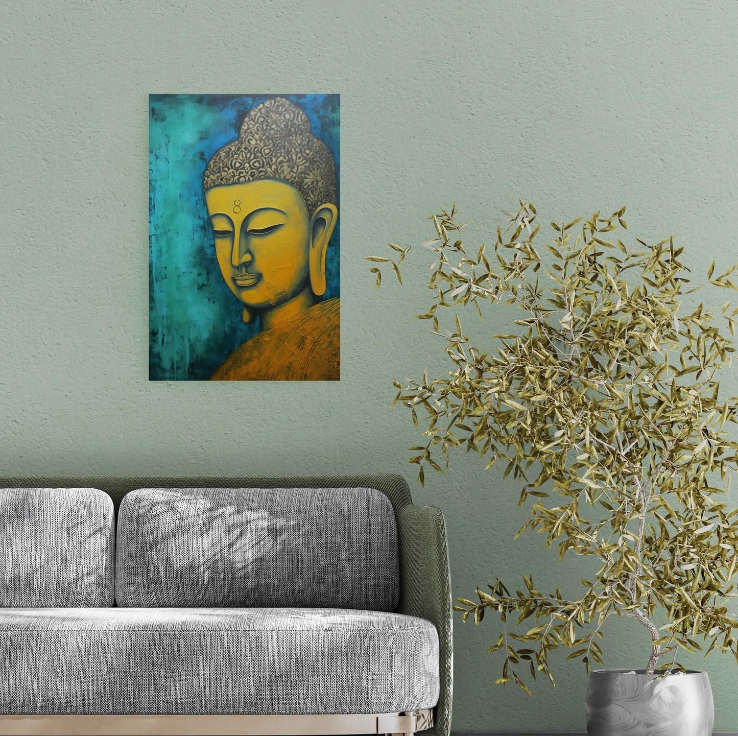 Vibrant golden Buddha canvas against a blue backdrop, complementing a modern grey sofa and a potted olive tree