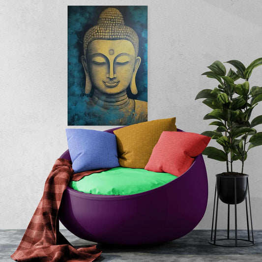 A serene golden Buddha head painting above a modern purple chair with multicolored pillows and a brown throw, beside a potted plant.