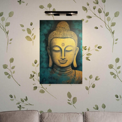 Tranquil Buddha head painting in golden hues surrounded by painted green leaves on a wall, over a gray sofa.