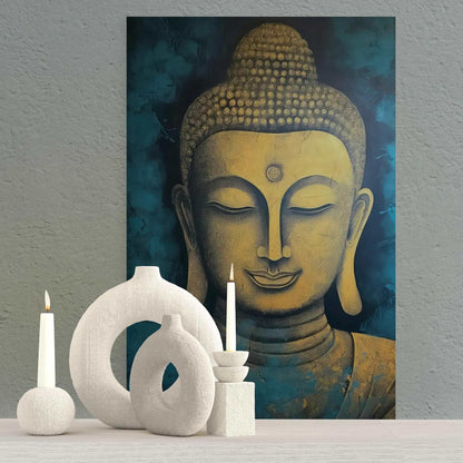 Calm golden Buddha head artwork on a wall above a collection of white ceramic decor and lit candles on a sideboard.
